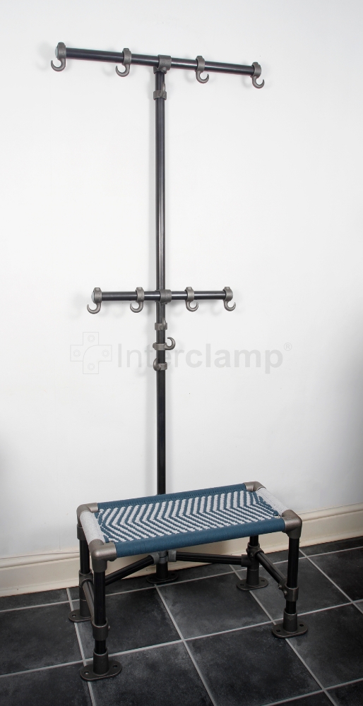 Modern home coat stand with a seat, constructed using Interclamp key clamp fittings and tube, demonstrating a blend of functionality and contemporary style.